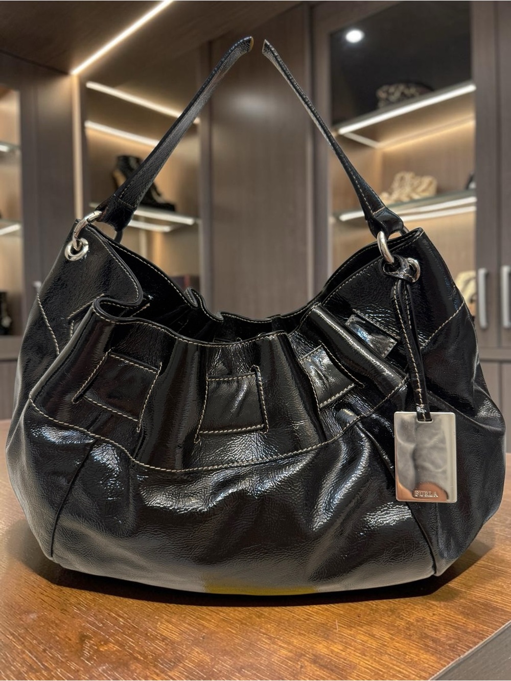 Furla Black Patent Leather Slouch Shoulder Bag with Logo Tag